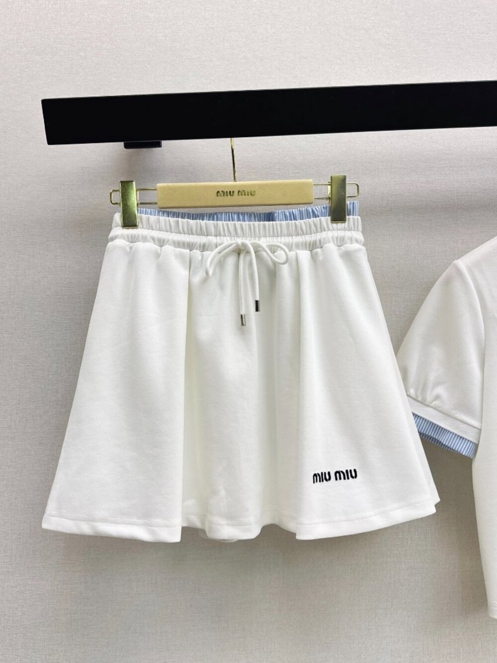 Miu Miu 2‑Piece Set Striped Collar Polo Top & Drawstring Skort White Blue M - Picture 4 of 9